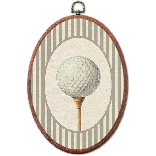 Vintage Golf Nursery Oval Wall Art, Brown Stripe Canvas Prints Framed, Farmhouse Retro Decor Wall Art Hanging Decor for Kids Toddler Room Playroom Decoration, 8.6x11.4 Inch