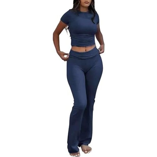 Women's 2 Piece Lounge Outfits Slim Short Sleeve Tops Low Rise Flare Leggings Sets Yoga Sweatsuit