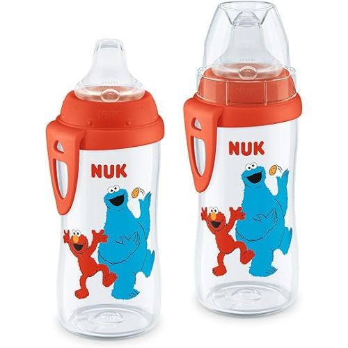NUK First Choice Elmo Active Cup 2.0, 10 oz. Soft Spout Sippy Cup with On-The-Go Carry Clip, Lightweight, Leak Proof, Spill Proof Cup, 2-Pack