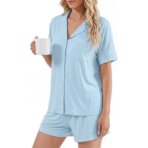 Bamboo Rayon Pajama Sets for Women, 2 Piece Short Sleeve Button Down Pjs, Soft Summer Cooling Sleepwear
