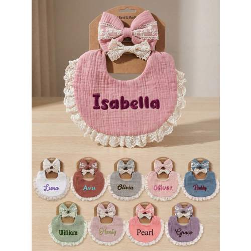 Personalized Baby Gift Set - Embroidered Letter Bibs & Lace Headbands | Newborn Gift Box | Fashionable, Cute, Practical, Spring New Arrival, Baby Shower Gift, For New Moms, For Baby Girl