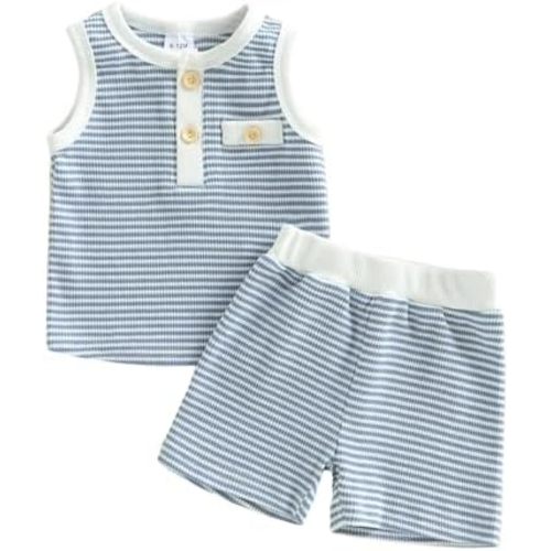 Kupretty Toddler Baby Boy Clothes 12 18 24 Month 2T 3T Summer Outfit Stripe Waffle Knit Sleeveless Vests Shirts Shorts Set