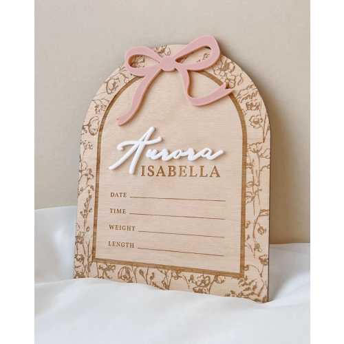 Girl Birth Announcement Sign Baby Girl Keepsake Birth Announcement Girl Hospital Bow Name Announcement Sign Girl Floral Nursery Decor Girl