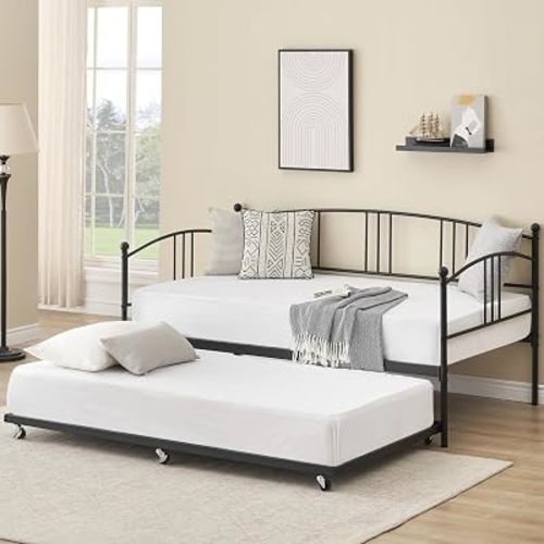 IDEALHOUSE Twin Daybed with Trundle, Metal Twin Size Daybed with Pullout Trundle 6 Casters, Steel Slat Support Sofa Bed for Living Room, Bedroom, Guest Room (Black)