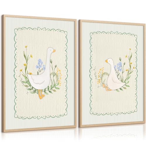 Vintage Nursery Goose Wall Art Decor Baby Girl Room Canvas Poster Sage Green Nursery Art Prints Silly Goose Wall Decor Sweet Floral Painting Boys Animal Pictures for Bedroom 16x24 Inch Unframed 2pcs