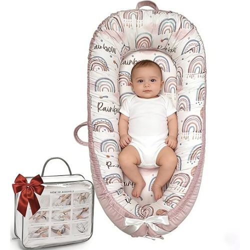 Baby Lounger-Breathable and Soft Organic 100% Cotton, Portable Infant Lounger with Removable Lounger Cover, Baby Nest Lounger for Newborn - Pink Rainbow