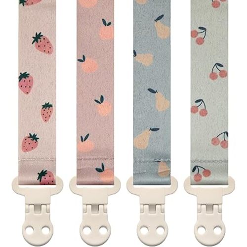 Stadela Baby Pacifier Clip Holder - Girl or Boy Unisex 4 Pack Gift Set – Summer Peaches Strawberies Cherries Pears (Fruits)