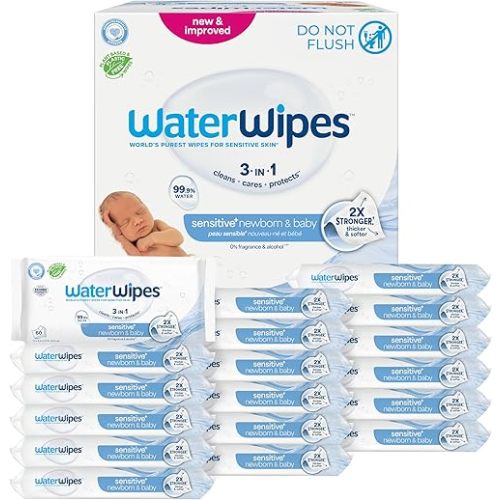WaterWipes Sensitive+ Newborn & Baby Wipes, 3-In-1 Cleans, Cares, Protects, 99.9% Water, Unscented & Hypoallergenic, 1080 Count (18 Packs)