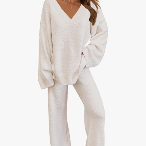MEROKEETY Women's 2 Piece Outfits Fuzzy Fleece Pajama Set Long Sleeve Top Wide Leg Pants Loungewear
