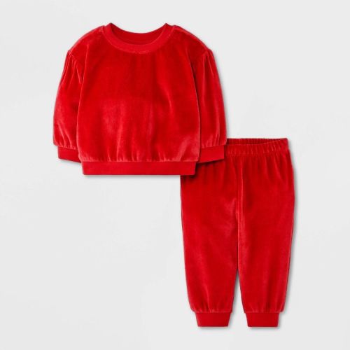 Baby Girls' 2pc Cozy Velour Sweatshirt and Jogger Pants Set - Cat & Jack™ Red 6-9M
