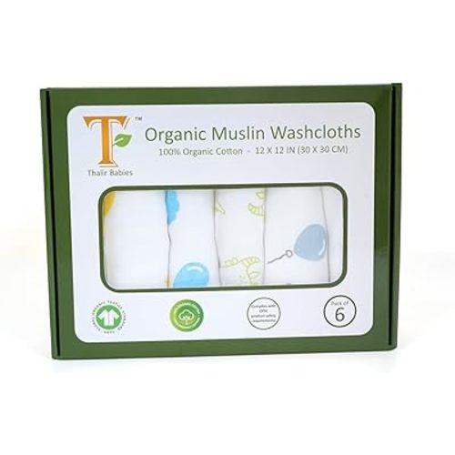T 100% Organic Muslin Cotton Baby Washcloths - GOTS Certified - complies with CPC - Pack of 6 (White Base, Sea2Sky)