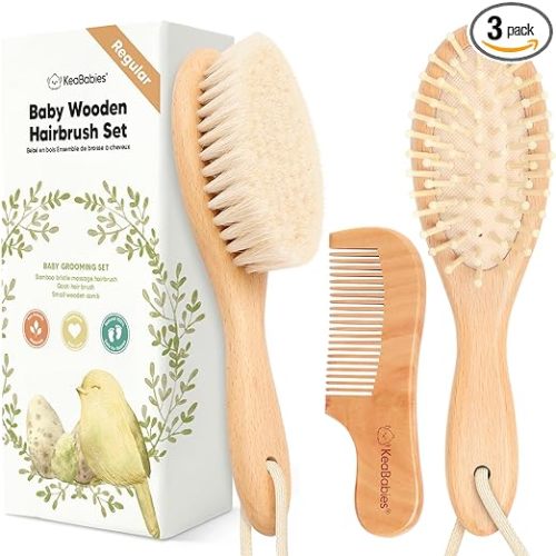 Baby Hair Brush Set for Newborns - Soft Goat Bristle Wooden Baby Brush and Comb Set Newborn Grooming Kit for Cradle Cap, Durable & Gentle, Boy, Girl Infant Essentials Care Kit Brush (Regular, Walnut)