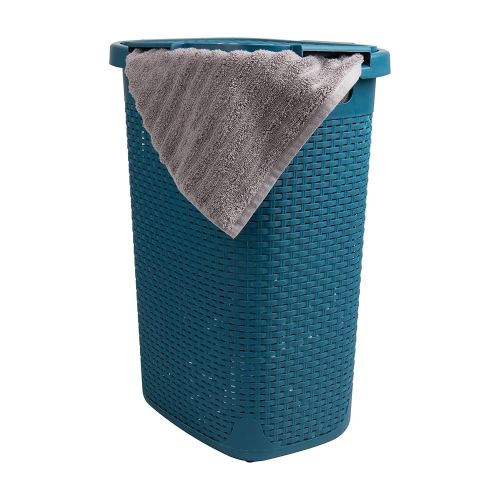 Mind Reader Slim Laundry Hamper with Lid, 60L Clothes Basket, Premium Wicker Design, Plastic, Blue