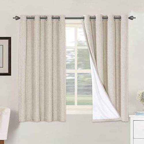 H.VERSAILTEX Linen Blackout Curtains 54 Inches Long 100% Blackout Thermal Insulated Textured Linen Look Curtain Draperies Anti-Rust Grommet, Energy Saving with White Liner, 2 Panels, Natural
