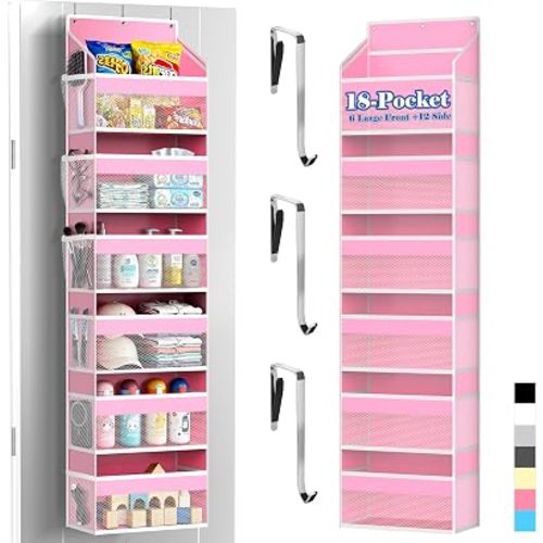 PAULONE 1 Pack Heavy Duty Over the Door Organizer, 6 Large + 12 Mesh Pockets with 89 lbs Capacity, Space-Saving Hanging Storage for Shoes, Toys, Bedroom & Closet (6-Layer Pink)