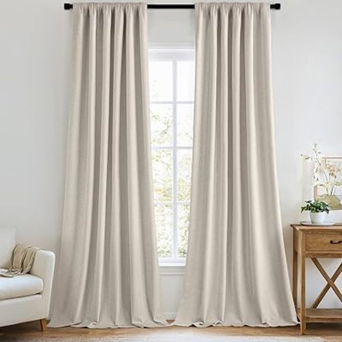 MIULEE 100% Blackout Back Tab Pleat Linen Curtains 50" Wx72 L,Beige
