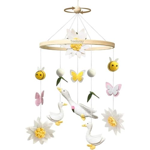 Baby Mobile for Crib Goose Nursery Decor Handmade Felt Crib Mobile for Bassinet One Silly Goose Birthday Decorations Flowers Butterflies Bees Room Hanging Decor Baby Shower Newborn Gifts