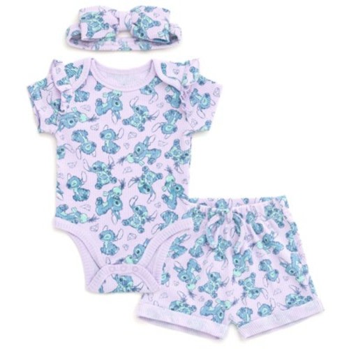 Disney Lilo & Stitch Newborn Baby Girls Ribbed Bodysuit, Shorts and Headband 3 Piece Outfit Set Lavender Stitch 0-3 Months
