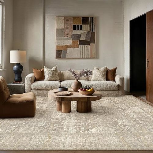 Area Rug Nursery 6x9 Beige Washable Rug for Living Room Bedroom Neutral Vintage Rug Carpet Distressed Soft Durable Non Slip No Shedding for Indoor Dining Nursery Farmhouse