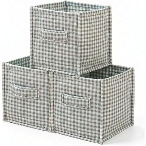 vctops Green Gingham Storage Cubes Organizer, 11.4 Inch 3 Pack Collapsible Fabric Storage Bins with Handles for Organization, Closet, Shelves, Offices, Toys (Green,11.4"x11.4"x11.4")