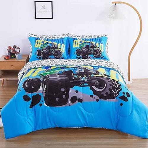 Viviland Kids Bedding Set Twin - Oeko-TEX 100 Certified Road Truck Comforter Set Bed in a Bag, Soft Breathable Microfiber Bedding with Sheets/Pillows, Cool Road Truck Adventure Theme for Boys