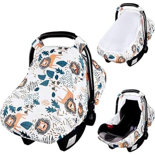 SWESEN Car Seat Covers for Babies, Lion Baby Car Seat Cover with Zipper Mesh, Carseat Cover Boy, Stretchy Infant Carseat Canopy, Animal