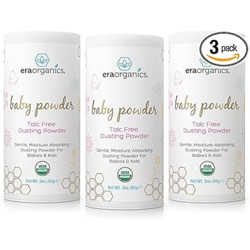 Era Organics Talc-Free Organic Baby Powder - USDA Organic Dusting Powder with Arrowroot, Calendula and Cornstarch for Newborns, Babies or Toddlers - Soothing, Fragrance Free (3oz/85g) - 3 Pack