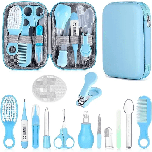 Baby Grooming Kit, Infant Safety Care Set with Hair Brush Comb Nail Clipper Nasal Aspirator,Baby Essentials Kit for Newborn Girls Boys (Blue)