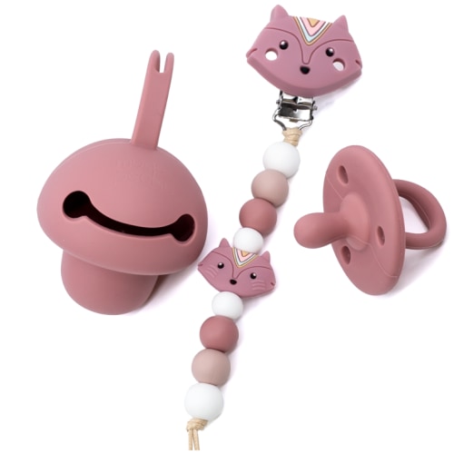 Muqee Peeko Turkish Pink Silicone Fox Baby and Infants Pacifier Holder Set with Clip 100% Premium Food Grade Silicone (3 Piece Set)