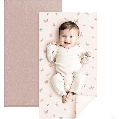 Konssy Faux Leather Baby Changing Mat, Waterproof, Wipeable & Portable Diaper Changing Pad for Travel or Home, Fits Perfectly in Diaper Bag, 30 x 17 inches (Taupe,Butterfly Dreams)