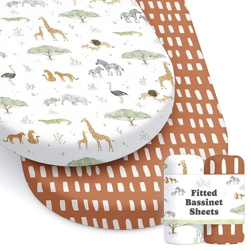 Baby Bassinet Sheets for Boy, Girl (Safari Adventures) 2-Pack - Fitted Bedside Bassinet Sheets - Buttery Soft Cotton Blend for Standard Mattress Pad
