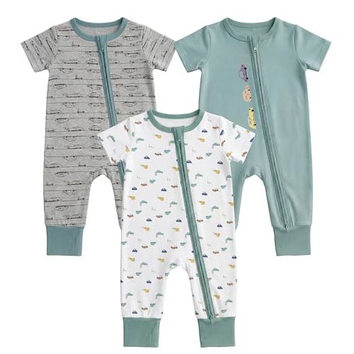 Aablexema Baby Short Sleeve Footless Pjs Zipper Romper 3-Pack | Soft Breathable Rayon of Bamboo, 2 Way Zipper & Tagless, Infant One Piece Pajamas Jumpsuits for Boys