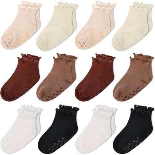 Jeyiour 12 Pairs Toddler Ruffle Grip Socks Baby Newborn Gift Girls Cotton Non-Slip Frilly Anti-Skid Cute Socks 0-24 Months