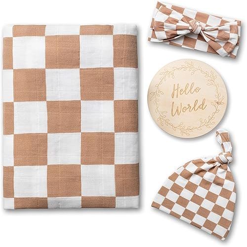 Miaoberry 100% Organic Muslin Swaddle Set| Checkered in Coffee Latte 47 * 47 with Hat,Bow and Arrival Card