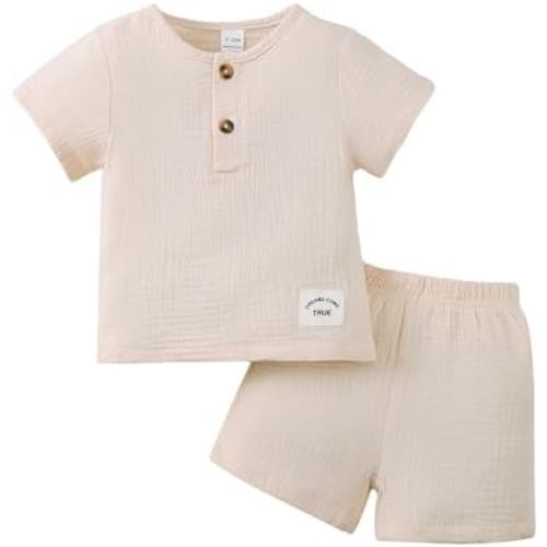 Jecson Toddler Boy Summer Outfits Cute Baby Boy Outfits 2 Piece Set Crew Neck Button Top and Solid Shorts 6M-3T