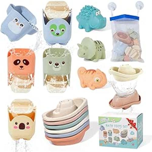 Baby Bath Toys for Kids Ages 1-3, 14 Pack Mold Free Toddler Bath Toys for 2-4 Bathtub Water Toys with Floating Boats&Cups and No Hole Bath Toy for Babies 6-12 Months Boy Girl Gifts