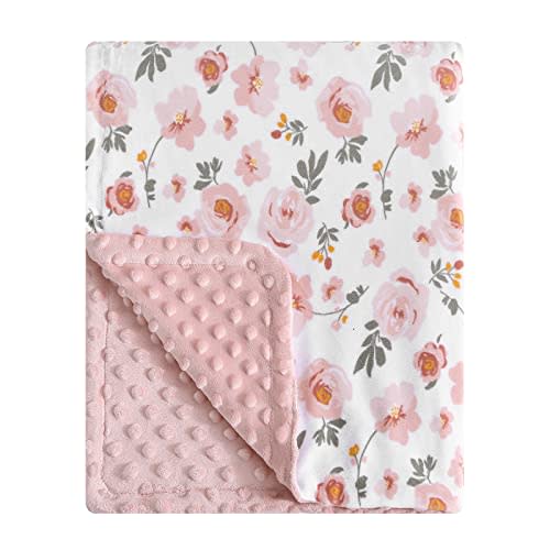 DaysU Silky Micro Soft Plush Baby Blankets for Girls with Print Floral Pattern and Soothing Raised Dots, Double Layer Bed Throws for Baby Crib, Blossom, Pink, 30x40 Inches