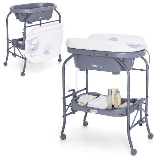 OLAKIDS 2 in 1 Baby Changing Table with Bath Tub Unit, Folding Diaper Dresser Station with Wheels Waterproof Pad Storage Rack, Portable Nursery Organizer Stand for Newborn Infant