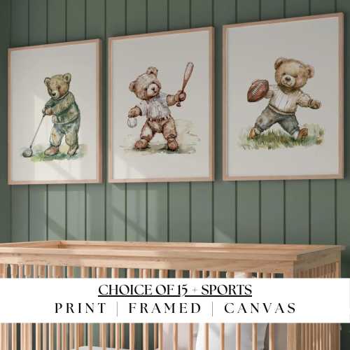 Sport nursery set of 3, Boy nursery wall art sport, Vintage boy nursery, Teddy Bear Nursery, Green,golf,baseball,football,soccer,basketball