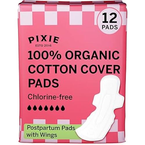 Pixie Organic Cotton Postpartum Pads for Women - Extra Heavy Absorbency with Wings - Leak-Proof, Hypoallergenic & Unscented - Compostable, Biodegradable - 12 Count