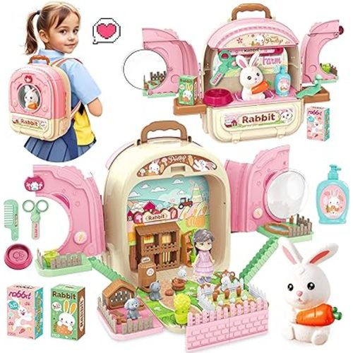 SMILESSKIDDO Pet Carrier Backpack Toy, 3 in 1 Care Playset, Pretend Play Accessories & Hair Dryer Toy, Rabbit Role Play Set for Girls Ages 3+