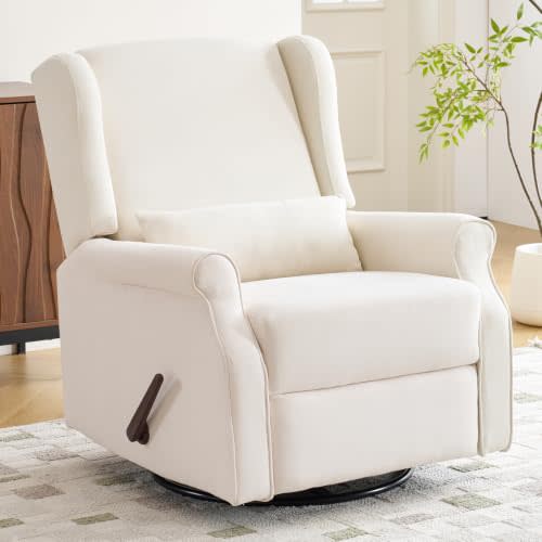 360°Swivel Rocker Recliner,Nursery Rocking Chair with Lumbar Pillow,Glider Recliner Nursery Chair for Small Spaces,Living Room & Bedroom,Chenille Beige