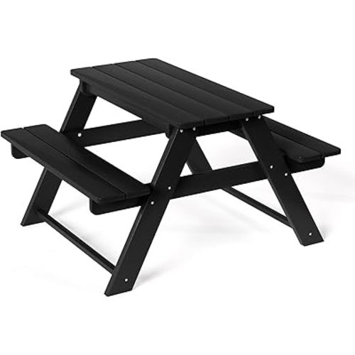 Costaelm Kids Picnic Table, HDPE All Weather Outdoor Toddler Picnic Table and Chair Set Kids Bench for Patio, Backyard, Garden, Lawn, Black