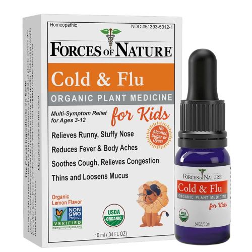 Forces of Nature Kids Cold and Cough Relief, Organic Homeopathic Medicine for Cough, Sore Throat, Congestion, Runny Nose, Non-Drowsy Immune Support Formula for Children, 0.34 Fl Oz