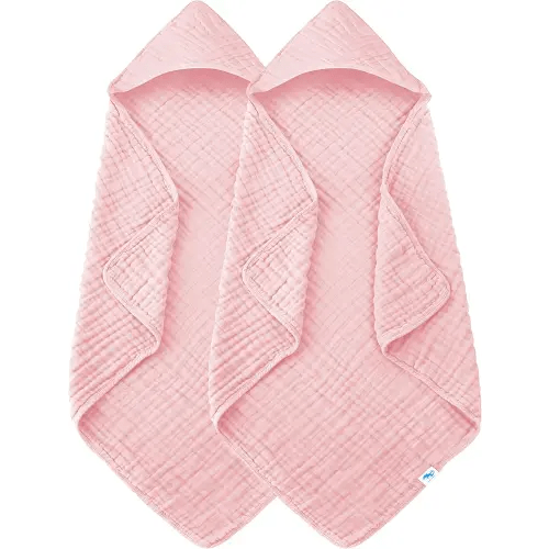 SWEET DOLPHIN Muslin Hooded Baby Bath Towels - 2 Pack 100% Cotton Towel for Babies, Infants, Toddlers - 32x32Inch - Highly Absorbent and Newborn Essential, Pink