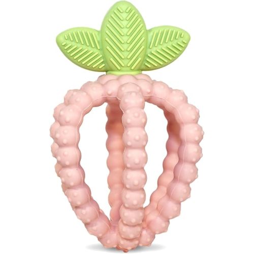 RaZbaby Bites Silicone Baby Teething Toy – Sensory Toy with Textured BerryBumps for Teething Relief, Easy-to-Hold Fruit Shape, BPA-Free, Soothes Front & Back Teeth – Gift for Babies, 3 Months+, Pink