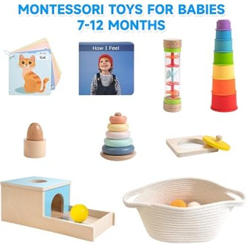 WOODMAM Montessori Toys for Babies 7-12 Months, 9 in 1 Educational Wooden Toys Set, Includes Object Permanent Box, Stacking Cups, Mirror Puzzle, Ring Stacker and More