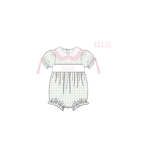 Pre-Order Hand Smocked Custom Name Pink Patchwork Floral Bubble