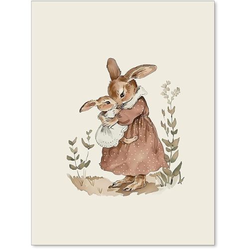 Bunny Wall Art Minimalist Cute Animal Poster Vintage Bunny Rabbit Mom and Baby Canvas Prints for Nursery Kids Room Wall Decor 12X16 inch Unframed