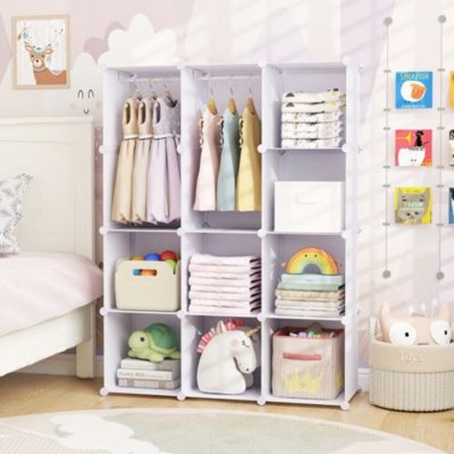Costway 10-Cube Modular Baby Wardrobe Closet with Hanging Rods & Open Shelves for Clothes White